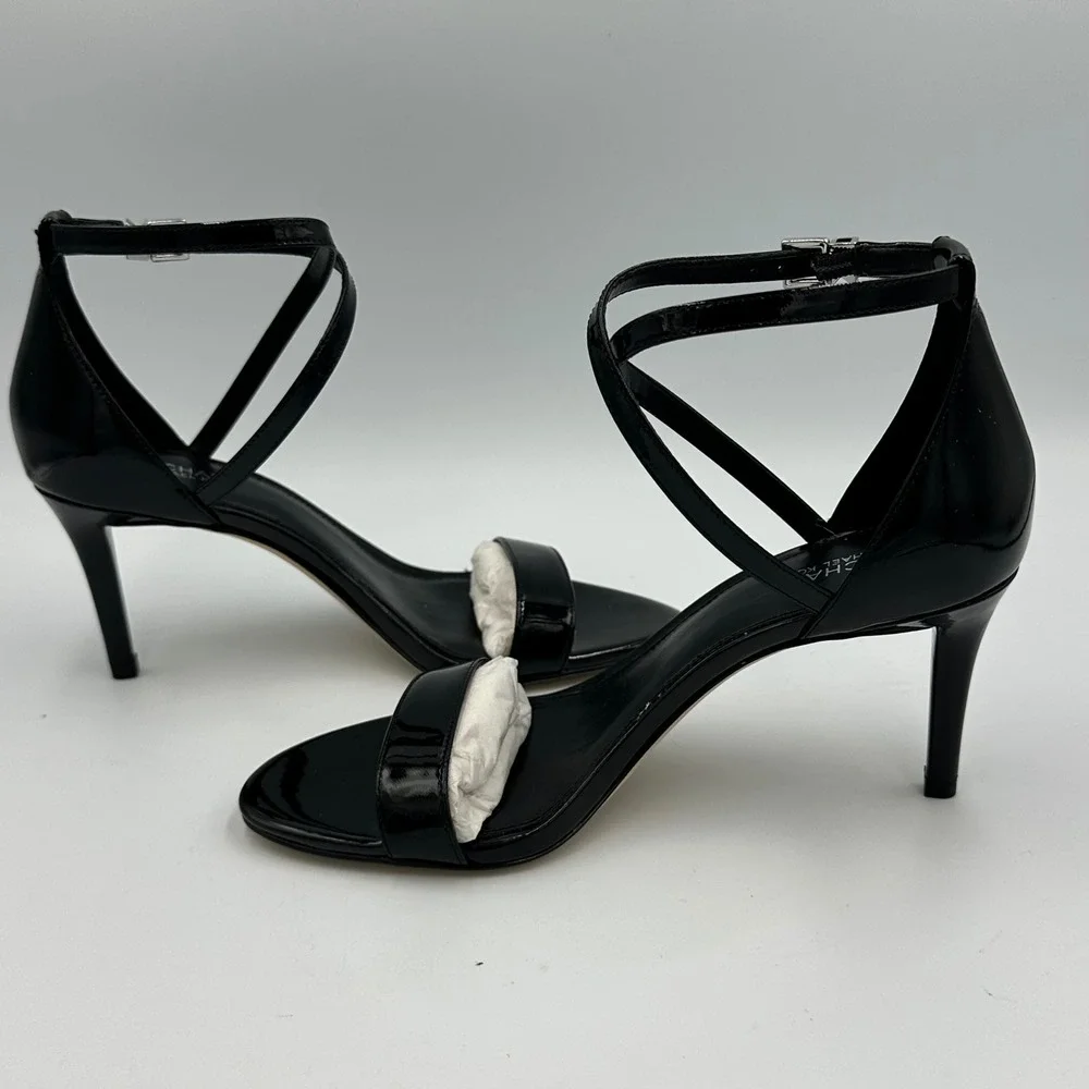 Michael Kors Ava Mid Sandal wmns 6 Black Patent Leather Stiletto Heel Sleek Chic
